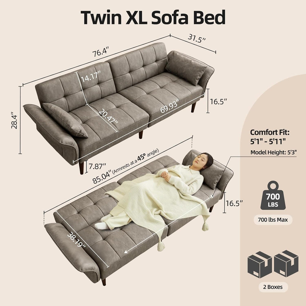HALLYBEE 85" Futon Faux Leather Couch with Adjustable Armrests Grey