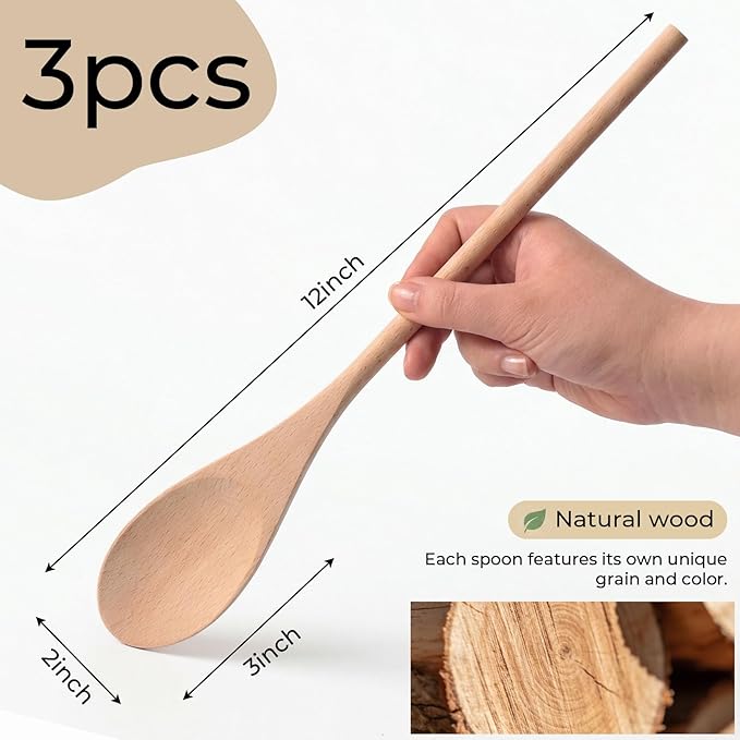 HANSGO 3PCS Wooden Spoons for Cooking, 12 Inch Long Handle Mixing Spoons for - Image 7
