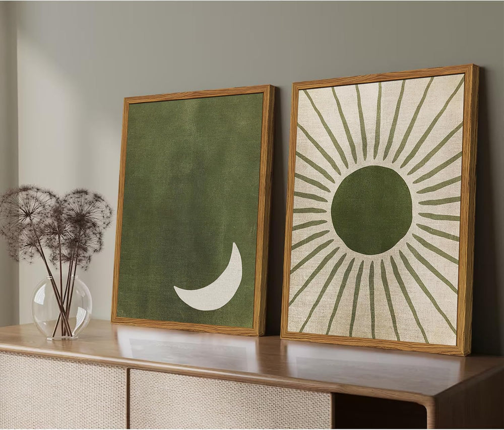 Framed Boho Sun and Moon Canvas Wall Art Set of 2, Vintage Sage Green Bohemia...