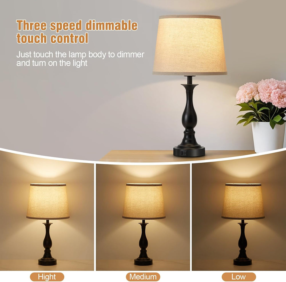 Touch Lamps for Nightstand Set of 2, Bedside Table Lamp USB C+A Ports