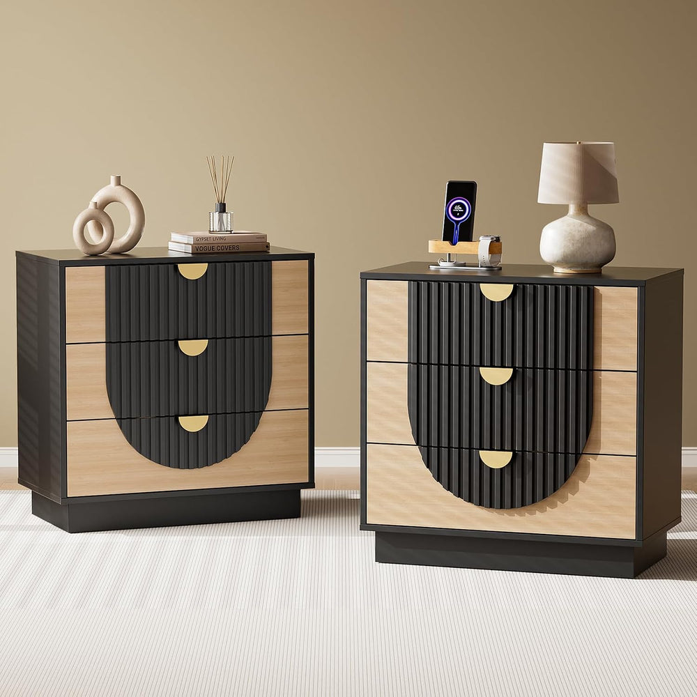 3 Drawer Nightstand with Charging Station, 28" Fluted Night Stand & ...