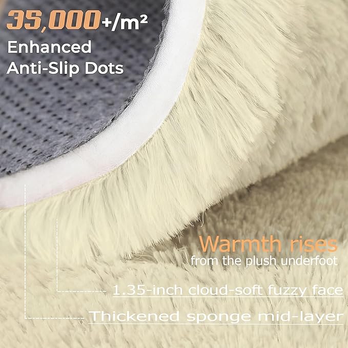Circle Rug for Bedroom: 4FT Cream White Round Fluffy Shag Soft Washable Rugs - Image 6