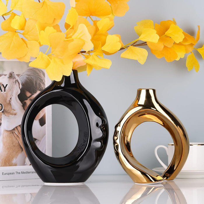 Black Gold Ceramic Vase Set of 2 for Modern Home Decor,Round Boho Vase for Pampas Grass,Neutral Minimalist Statue for Dining Room Table Centerpiece Dining Room,Wedding Table Decoration