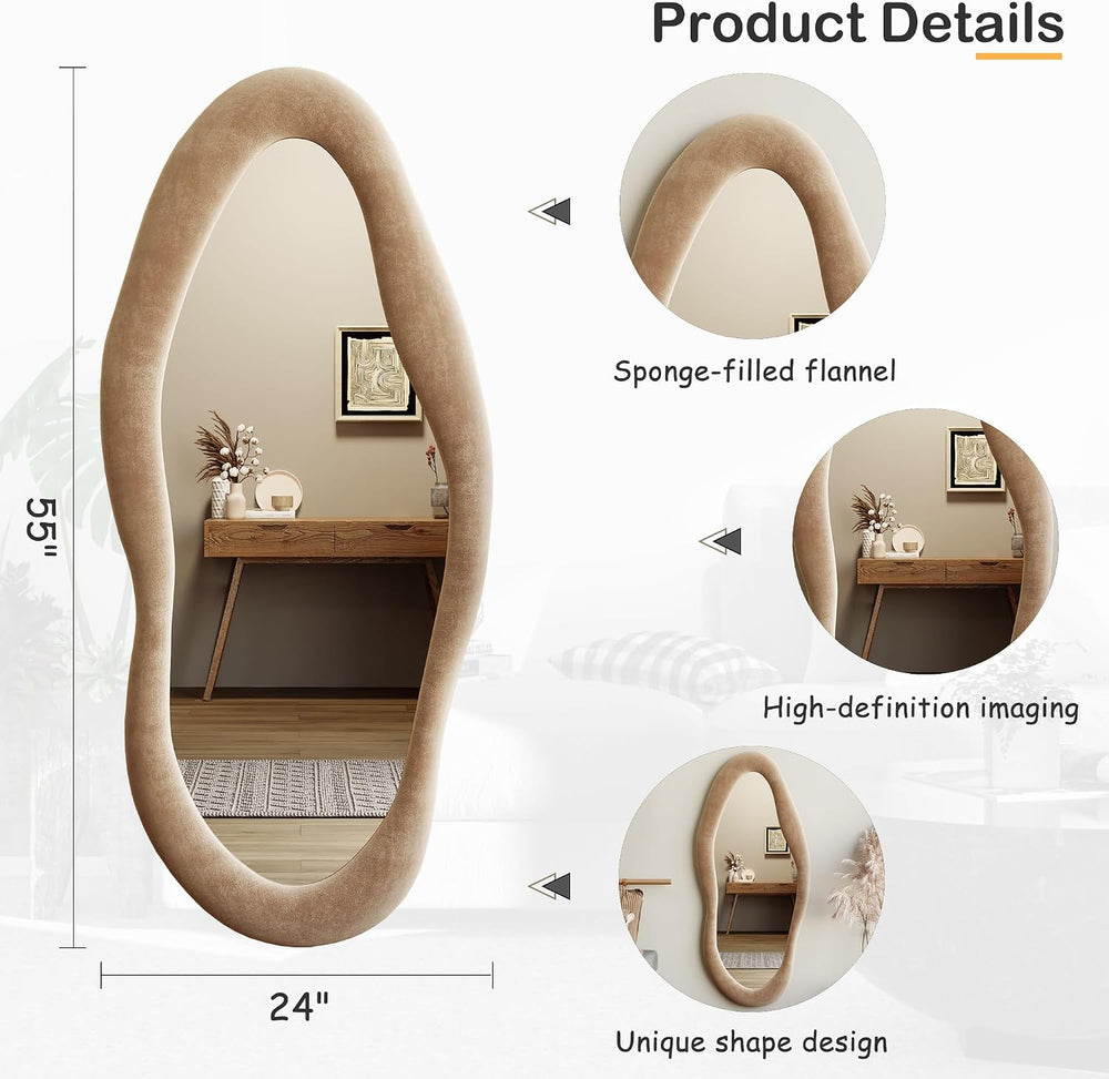Honyee 55" x 24" Wall Mirror, Flannel Wrapped Wooden Frame Wavy Mir...