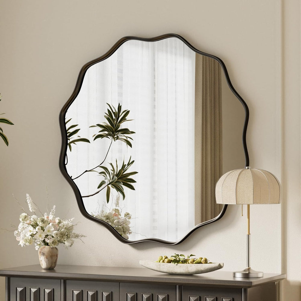 VooBang Black Scalloped Circle Mirror, 24" Wavy Edge Round Wall Mirror