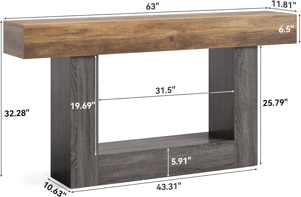 LITTLE TREE 63 Inches Long Console Table, 2-Tier Farmhouse Sofa Table Behind ...