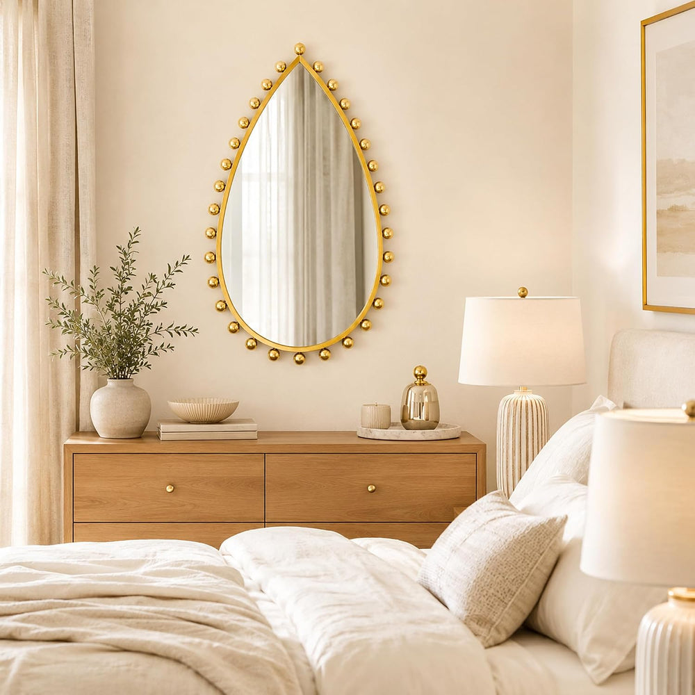 24x36 inch Teardrop Wall Mirror, Antique Gold Beaded Ball Frame