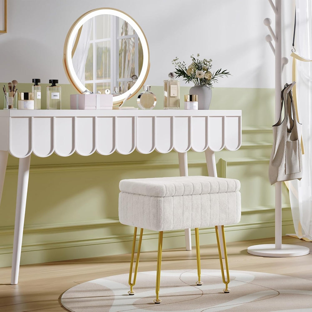 Somdot Vanity Stool Chair with Storage, Furry Padded Seat, Makeup Stool