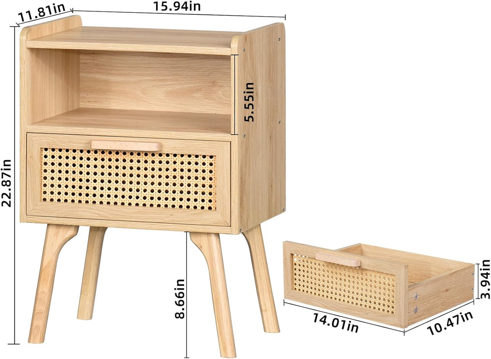 Lerliuo Rattan Nightstand, Boho Side Table with Drawer Open Shelf | Cane Acce...