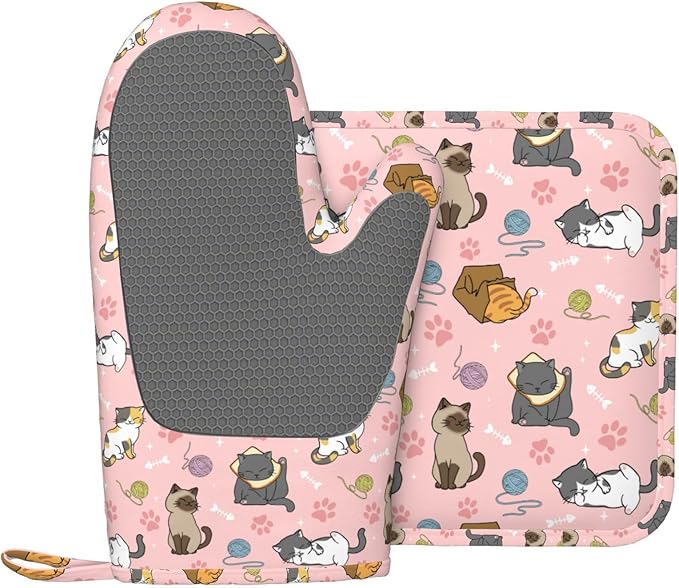 Cute Cats Oven Mitts and Pot Holders Sets Heat Resistant Non-Slip Silicone Oven by Nmbvcxz