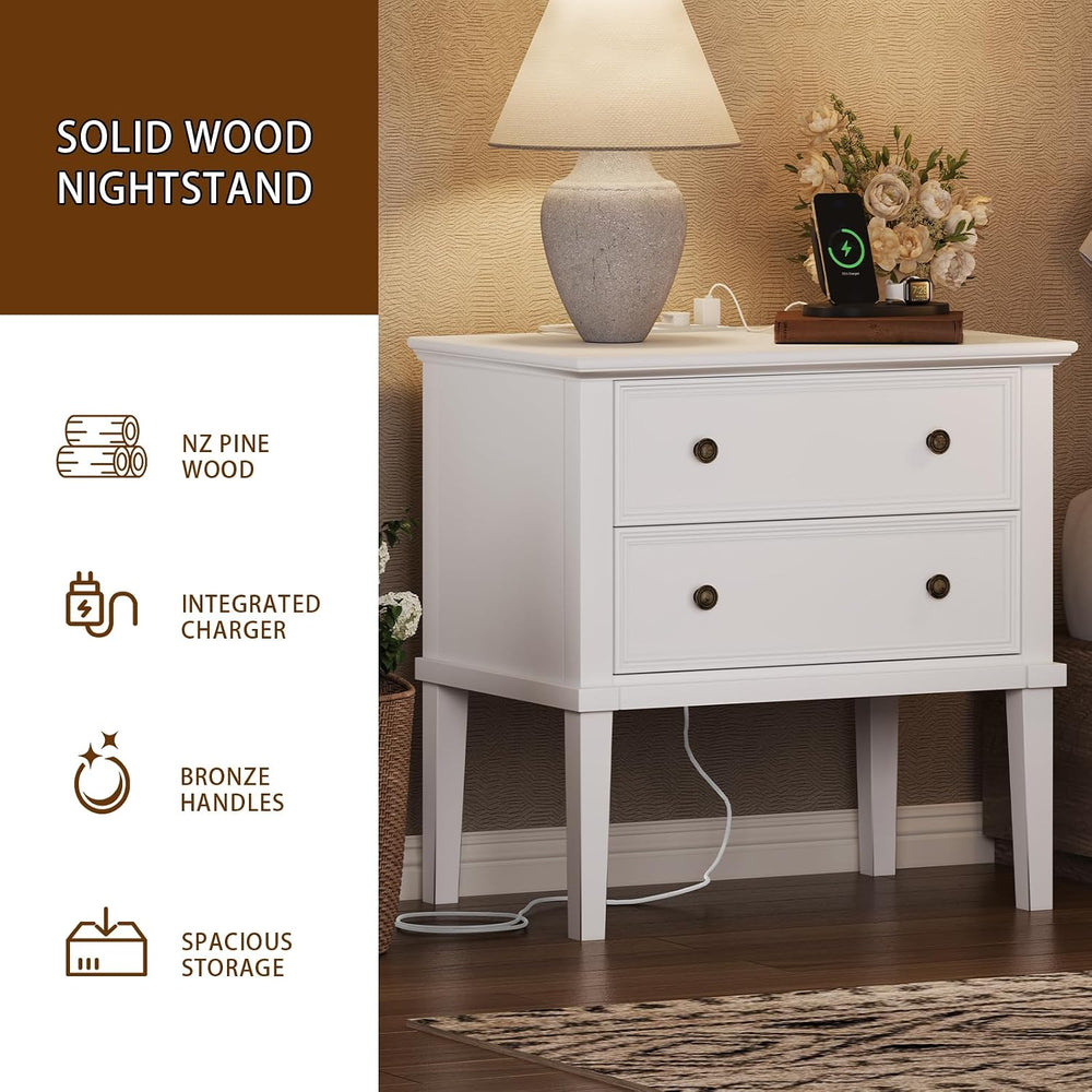 IKENO Solid Wood Nightstand with Charging Station, Farmhouse End Table with 2...