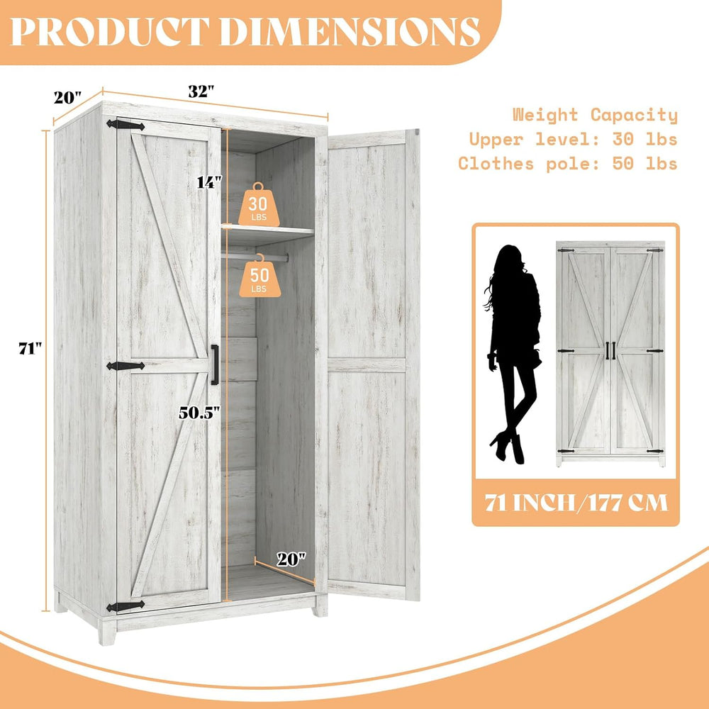 LUXOAK 70" Large Armoire Wardrobe Closet with Hanging Rod, Farmhouse Clo...