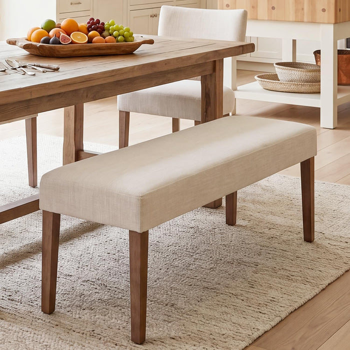 Farmhouse Upholstered Dining Bench Seat, 45" Linen Entryway Bench with Natural Wood Legs, Mid Century Modern End of Bed Bench for Kitchen Bedroom Living Room Hallway, for 2-3 Person, Beige