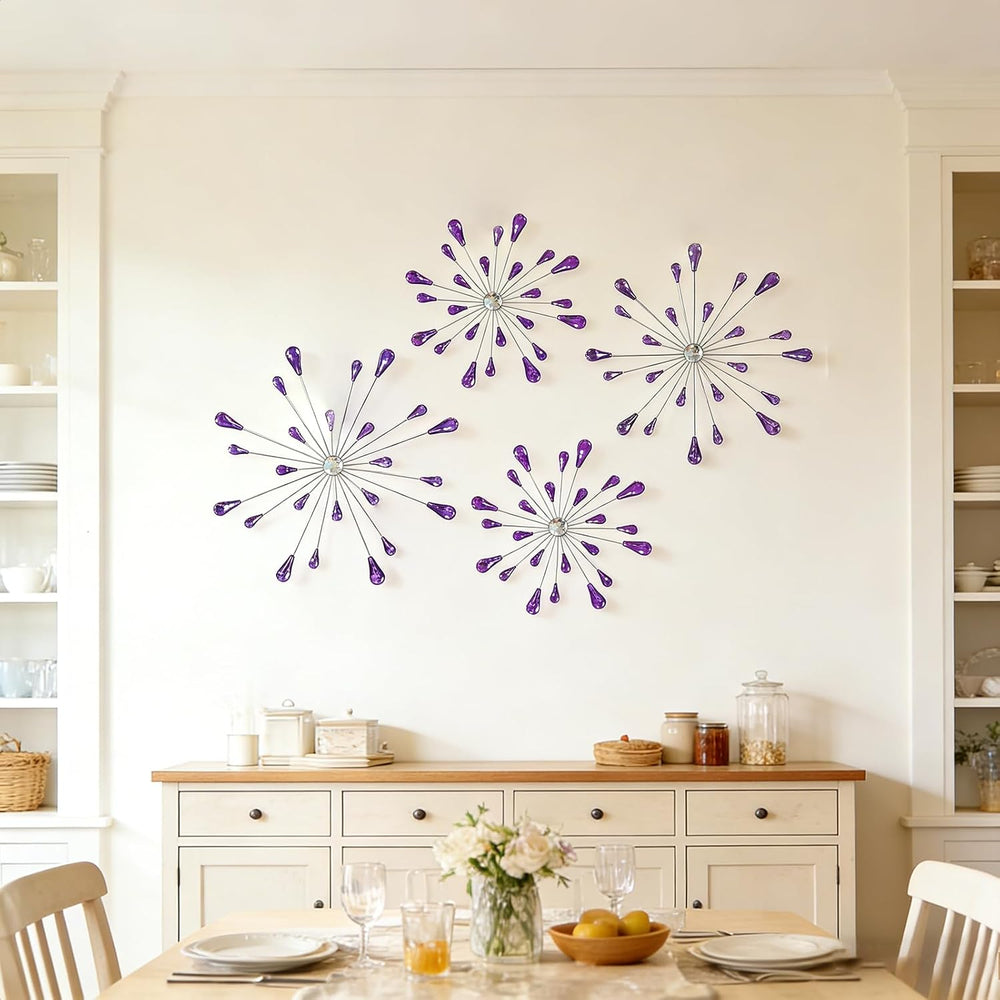 ZEXUIRU 4 Set Silver Starburst Wall Art for Home Decor Metal Bling Crystal Rh...
