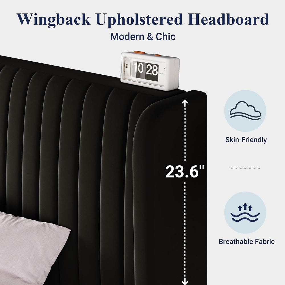 Allewie Full Size Velvet Bed Frame/Vertical Channel Tufted Wingback Headboard...