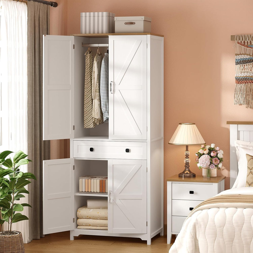 VINGLI Farmhouse Armoire Wardrobe Closet with 4 Doors and 1 Drawer, White