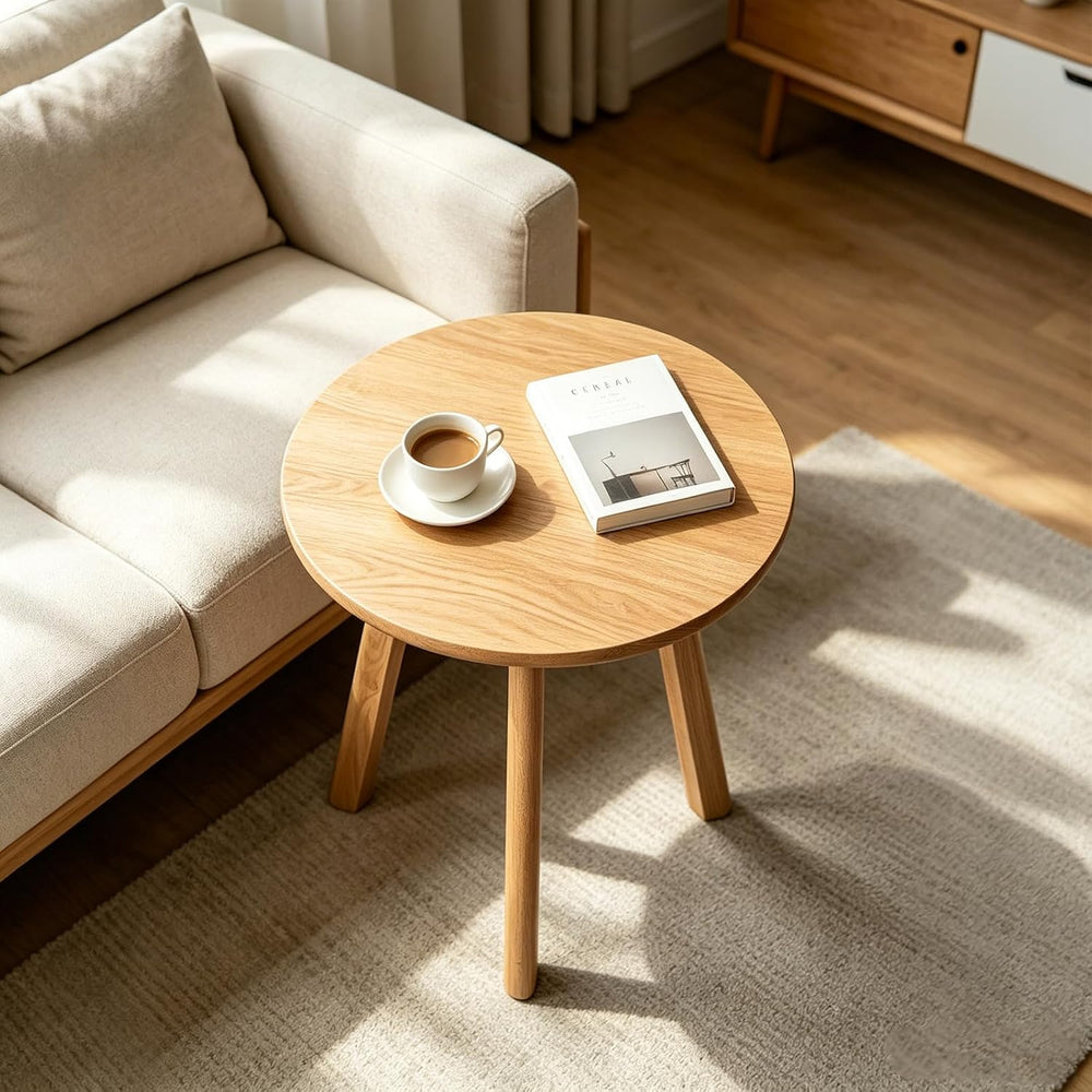 Natural Oak Round Side Table, End Table with 3 Legs