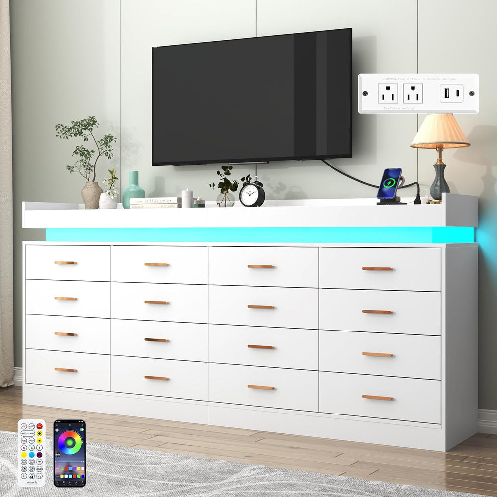 16 Drawer Dresser with LED Light and Charging Station, Modern Chest of Drawer...