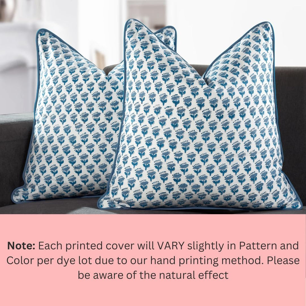 CPC Apatite Blue Block Print Throw Pillow Covers 18x18 Inch, Pack of 2