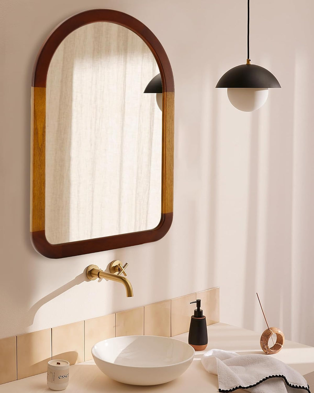 Arched Mirror 24 x 36 Inch,Brown Wood Rustic Bathroom Wall Walnut Mirror