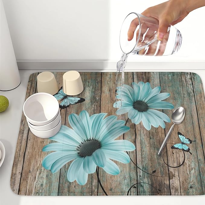 Teal Sunflowers Drying Mat 24x18 Inch, Summer Wooden Board Drying Mat - Image 6
