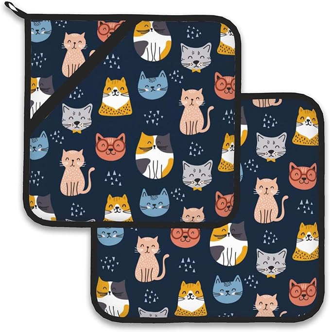Cute Cat Pot Holder Set of 2, Heat Resistant Potholders Oven Hot Pads by Larkverk