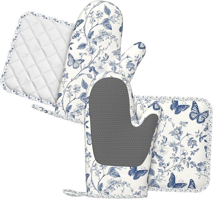 Oven Mitts and Pot Holders Butterfly Flower Vintage Blue Silicone Kitchen - Image 2