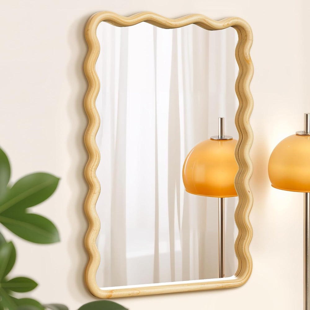 Wavy Wood Bathroom Vanity Mirror, 24"x36" Boho Decorative Wall Mirror