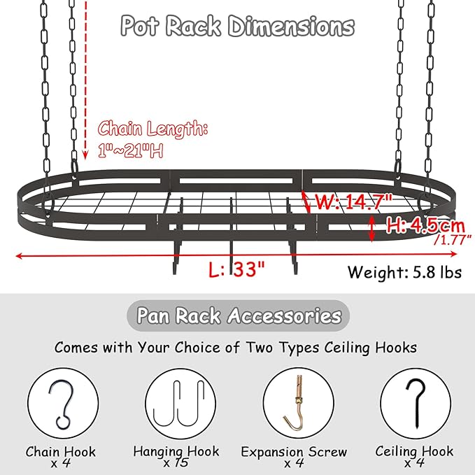 33” Hanging Pot Rack Ceiling Mount, Oval Pots and Pans Hanging Rack, Ceiling