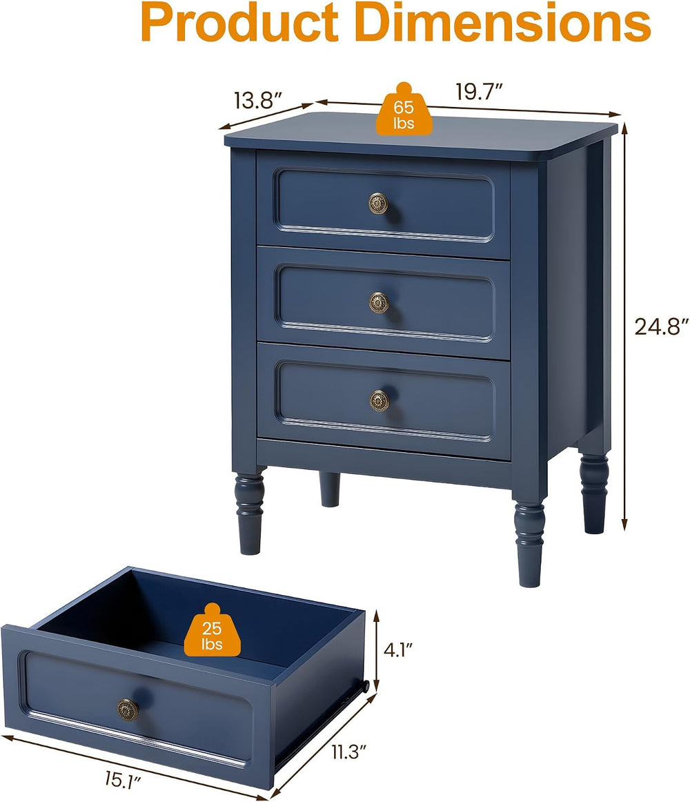 RoyalCraft Nightstand with 3 Drawers, Blue Wood Night Stand for Bedroom