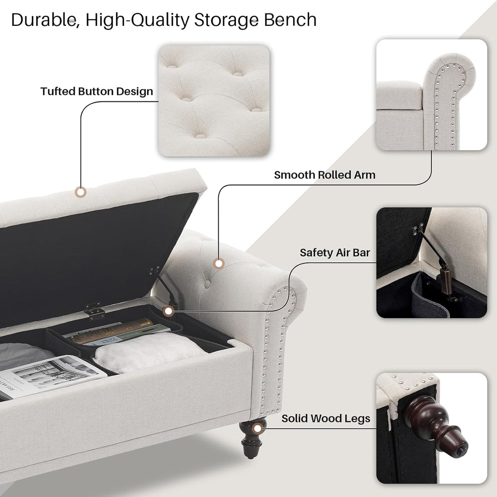 SOFTHION 67" Storage Bench for Bedroom, Linen Upholstered, Beige