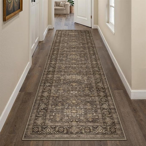 2'6x8 Washable Runner Rug for Hallway Kitchen Vintage Brown Non Slip Low Pile by WondRg