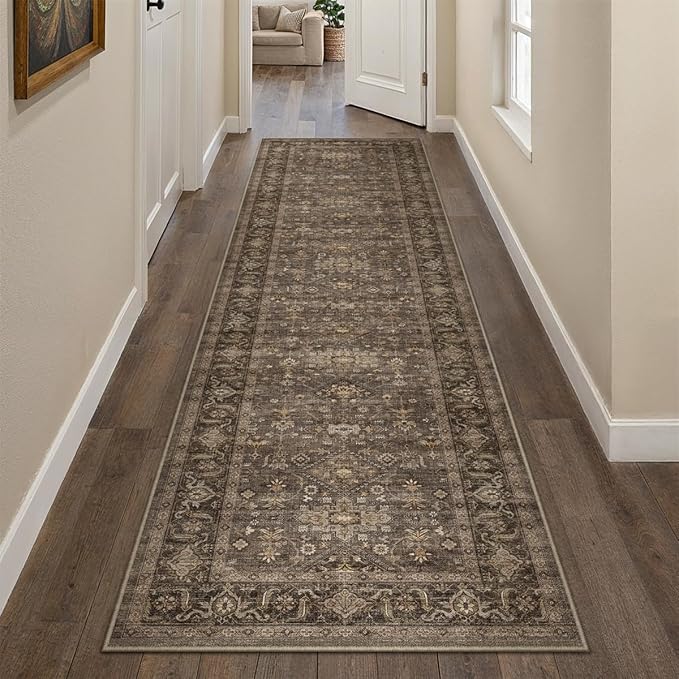 2'6x12 Washable Runner Rug for Hallway Kitchen Vintage Brown Non Slip Low Pile by WondRg