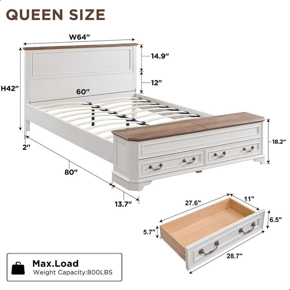 T4TREAM Farmhouse Queen Bed with Headboard and Storage Bench(Antique White)