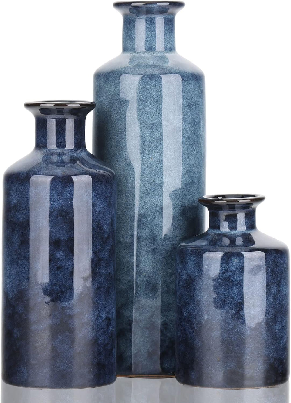 Blue Ceramic Vase Set - 3 Blue Small Vases, Farmhouse Country Flower Vase Hom...