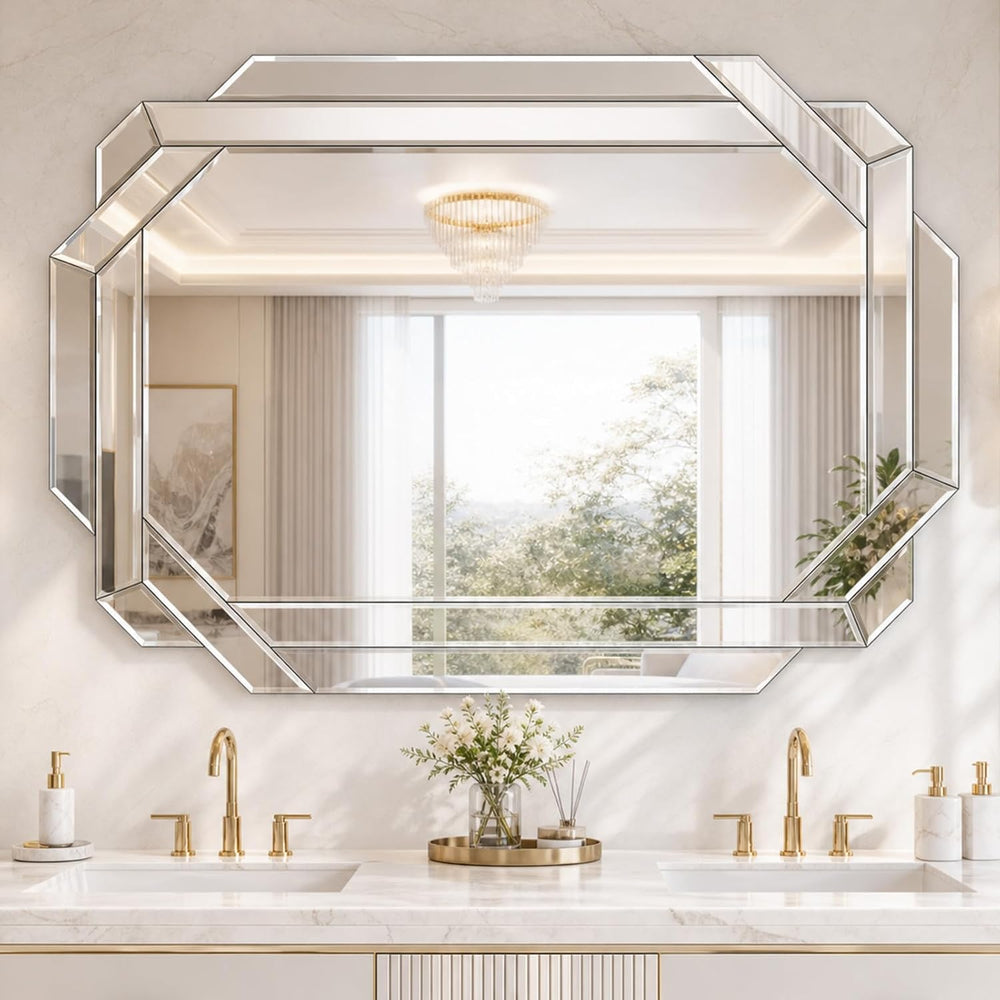 Vercraft Silver Bathroom Mirror Decorative Beveled Edge Frameless Mirror Wall...