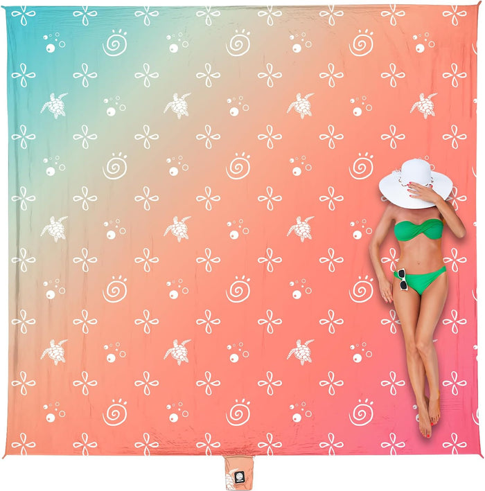 WEKAPO Beach Blanket Waterproof Sandproof Oversized Extra Large Sand Free | Beach Mat with Stakes, Storage Bag - Essentials for Outdoor Beach, Picnic(Gradient Coral Sea Turtle, 11 X 9 FT (1~10 Person))