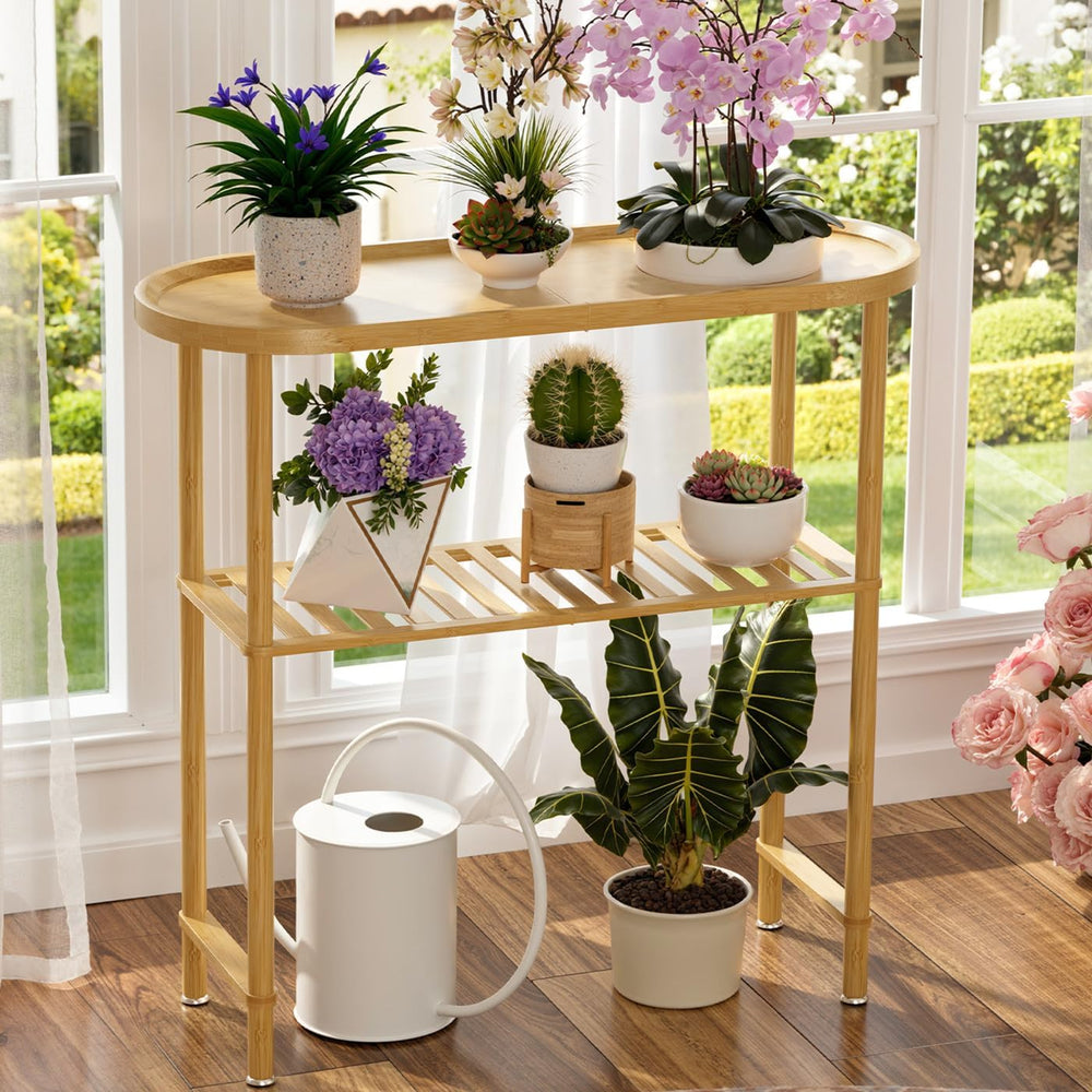 Small Entryway Table Bamboo 30.7", Narrow Hallway Table Oval Top 2-tier,...