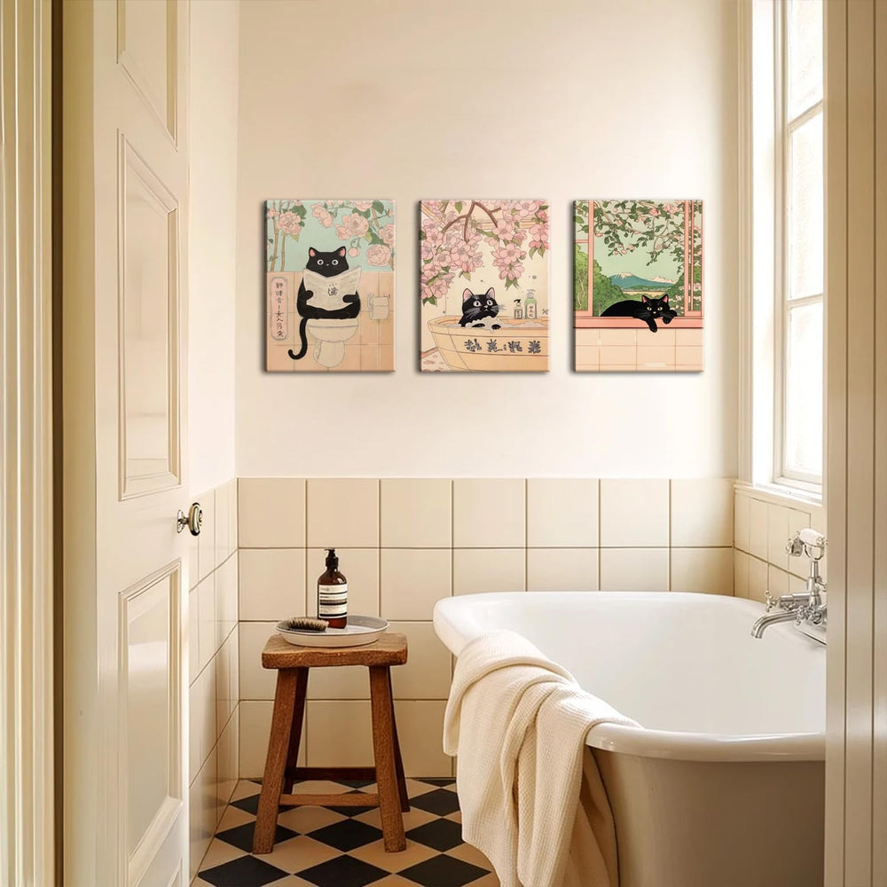 Japanese Bathroom Wall Art Set of 3, Cute Black Cat Bathtub Wall Decor, Funny...