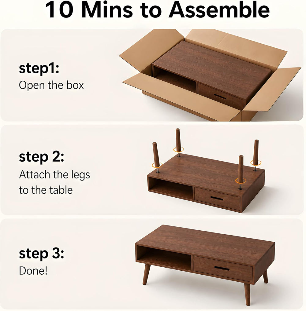 100% Oak Wood Coffee Table, Mid Century Modern Living Room Table