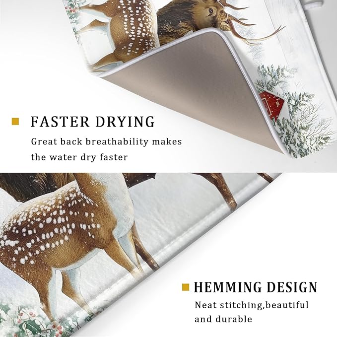 Giwawa Winter Deer Dish Drying Mat 18"x24" Xmas Tree Bird Holly Berry Dish - Image 3