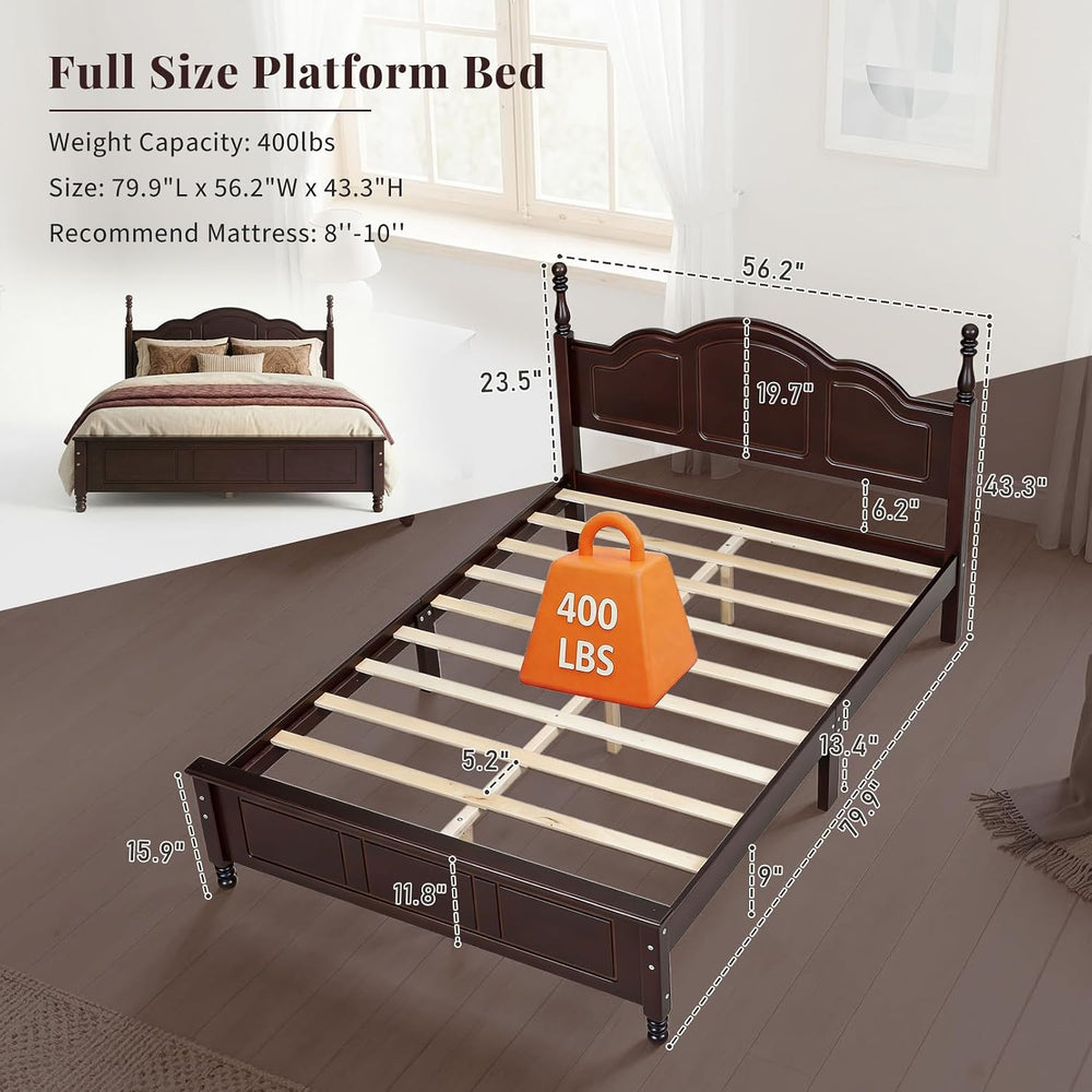 Dark Walnut Wood Bed Frame Full Size with Wave Shaped Headboard