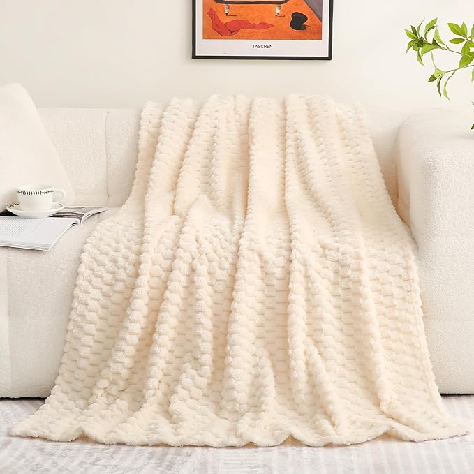Cream White Throw Blanket 50"×60" inches Fuzzy 3D Jacquard Decorative Flannel - Image 2