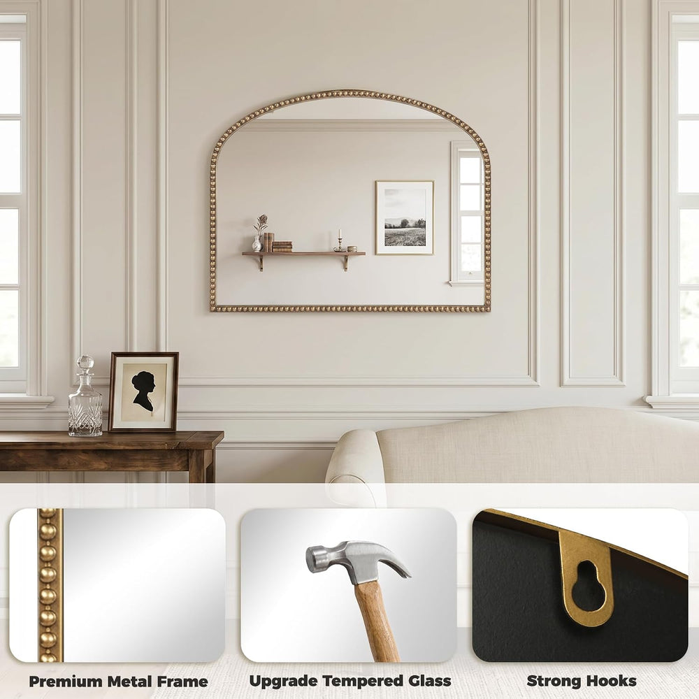 Antique Gold Arched Wall Mirror, 36" x 28" Beaded Mirror