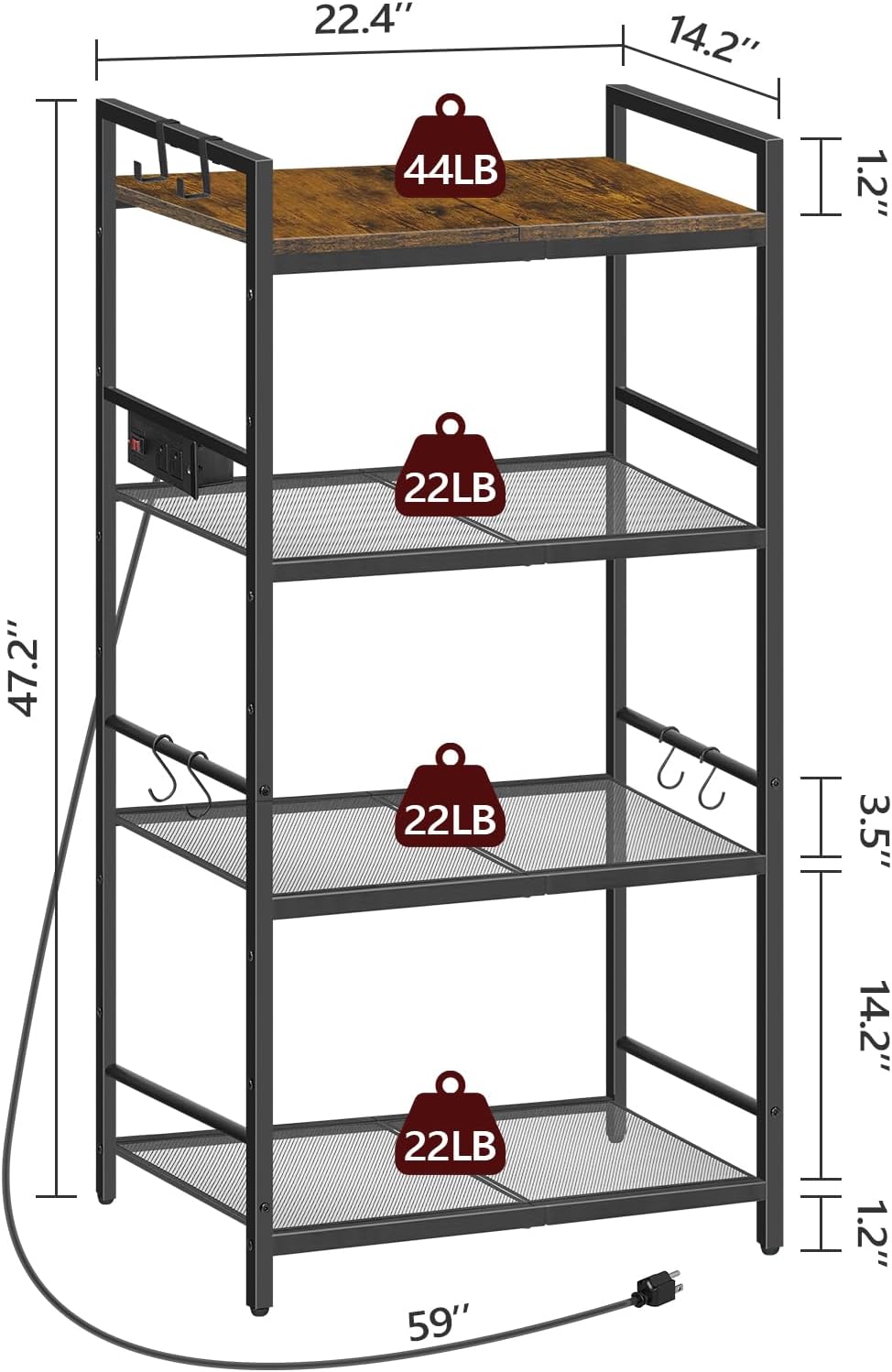 MAHANCRIS Bakers Rack with Power Outlet, Microwave Stand with Hooks, Multifun...