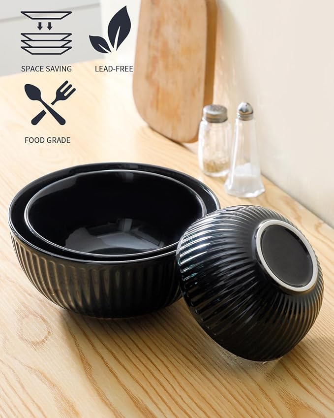 HASENSE Small Mixing Bowls of 3, Porcelain Ribbed Black Bowls 1.5/1/0.5 Qt - Image 3