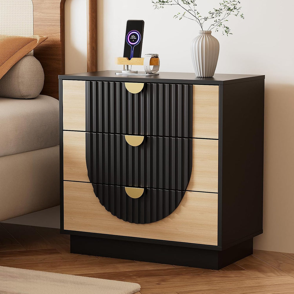 3 Drawer Nightstand with Charging Station, 28" Fluted Night Stand & ...