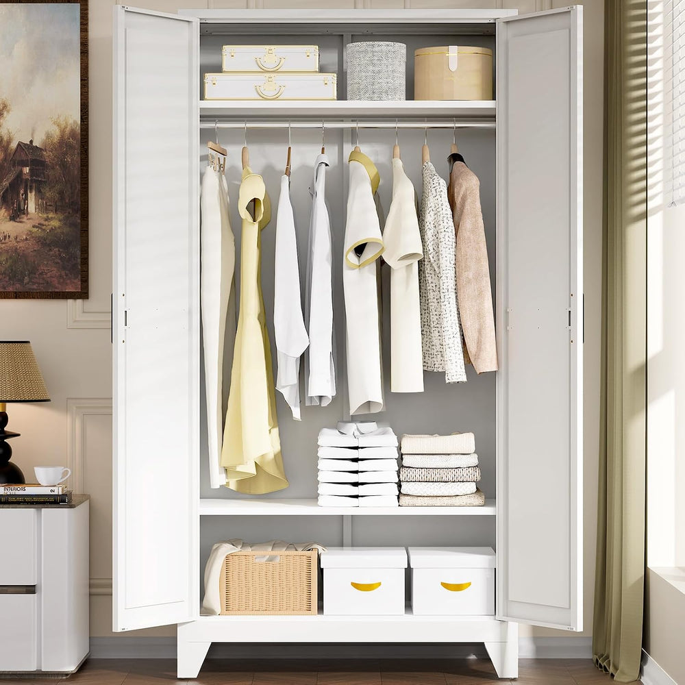 75"Tall Metal Armoire Wardrobe Closet with Hanging Rod & 2 Shelves