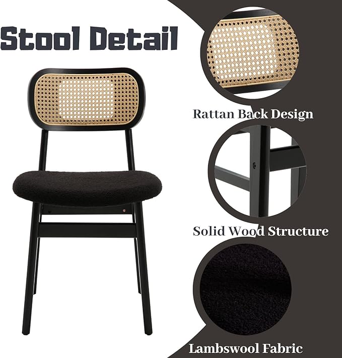 Black Rattan Dining Chairs Set of 4 Lambswool Dining Room Chairs Natural Wood...