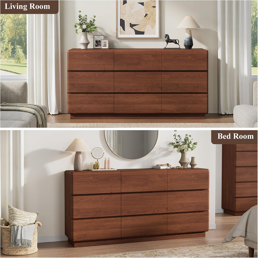 YANSNWO Walnut 9 Drawer Dresser for Bedroom, 63" Wide Chest of Drawers